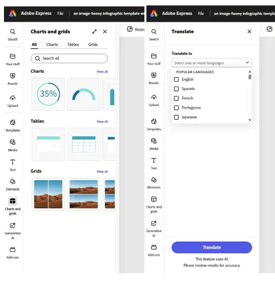 adobe express’  “charts and grids” and “translate” features.