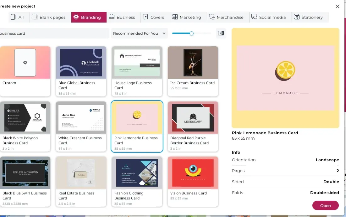 selecting a design template from coreldraw’s “branding” category