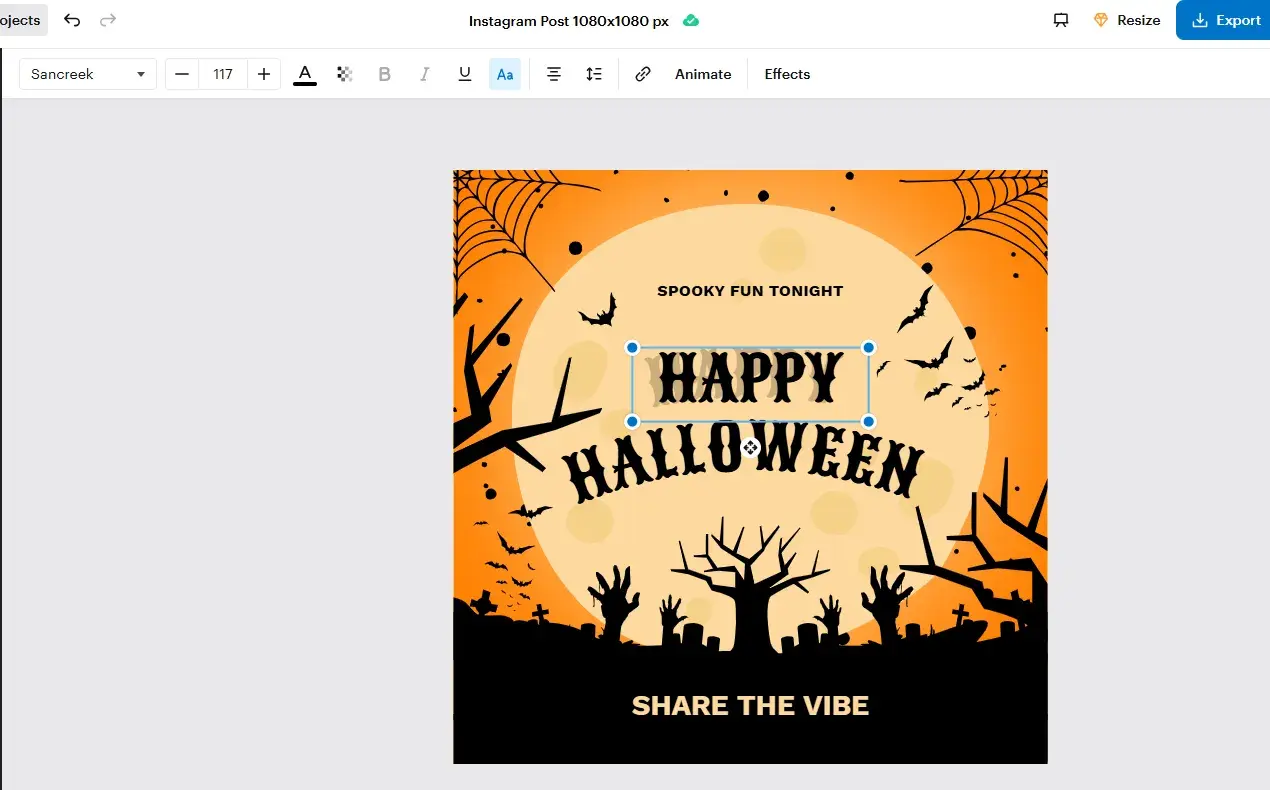 customizing a halloween design template in vistacreate