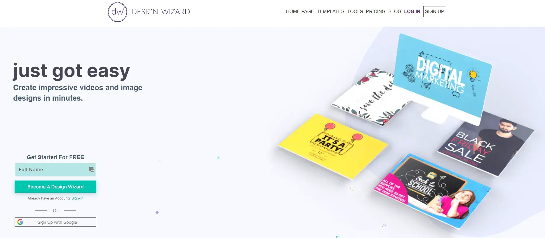 free graphic design software: designwizard’s website home screen