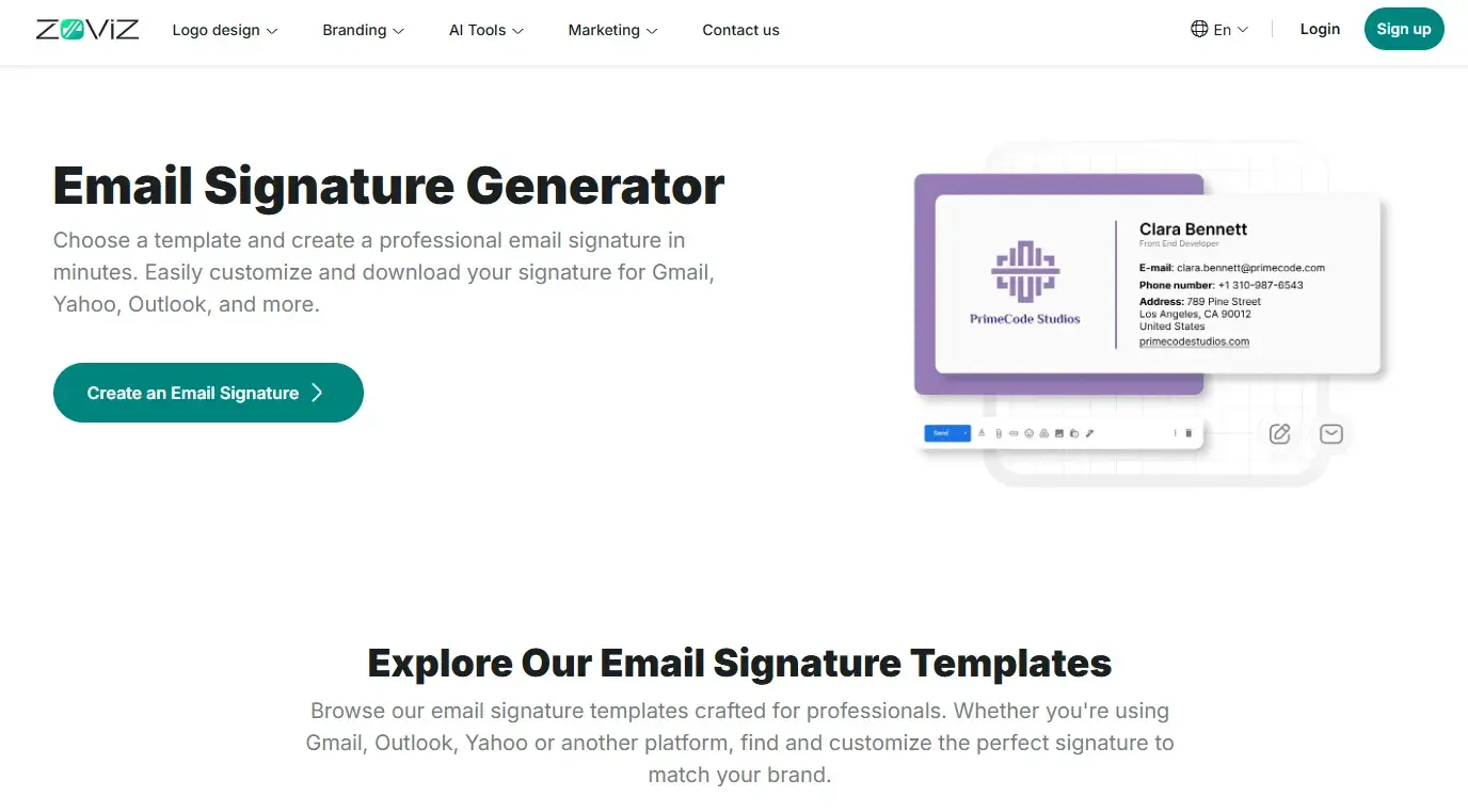 zoviz email signature generator web homepage