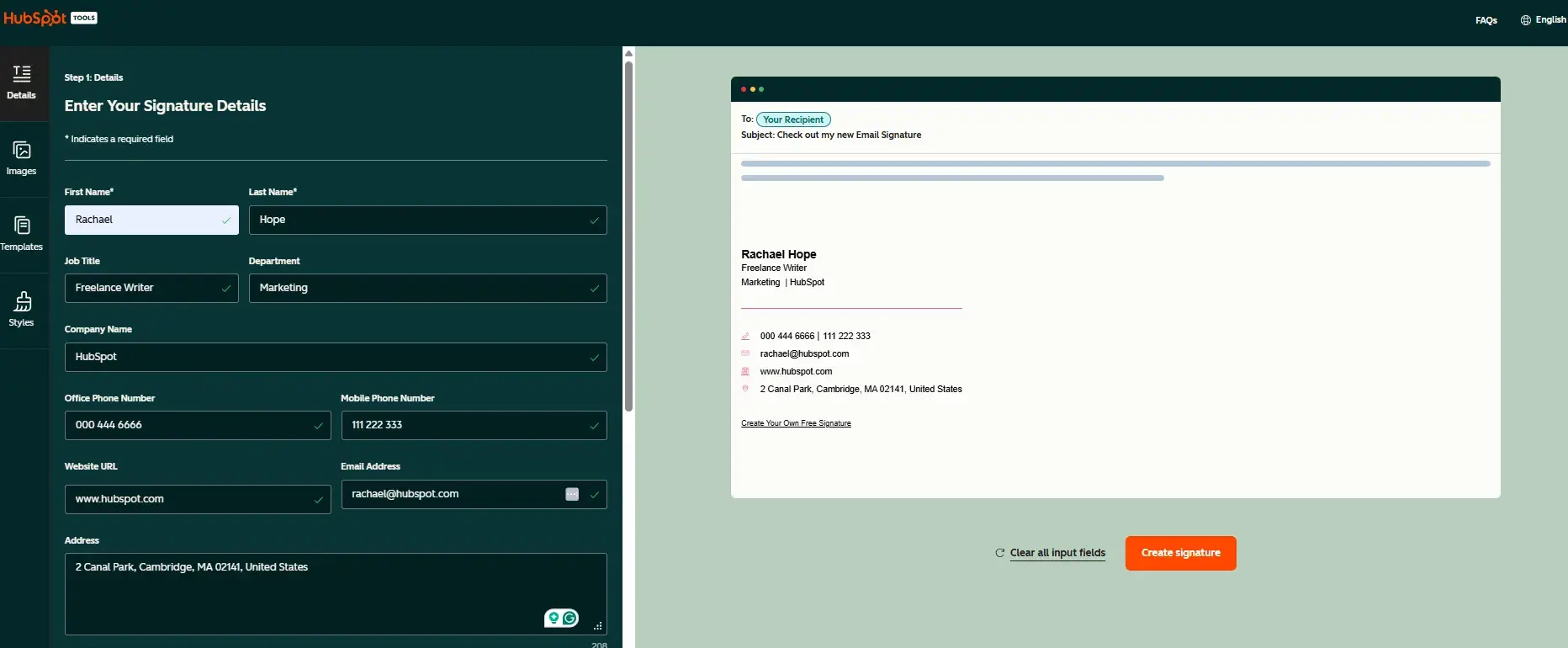 adding information into hubspot’s email signature template generator