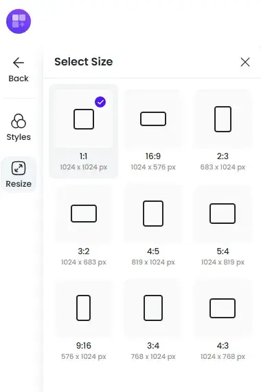 designs.ai size selector