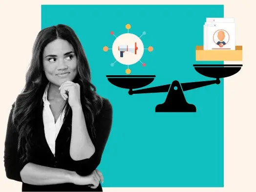 A woman ponders a scale balancing brand visibility and lead generation.