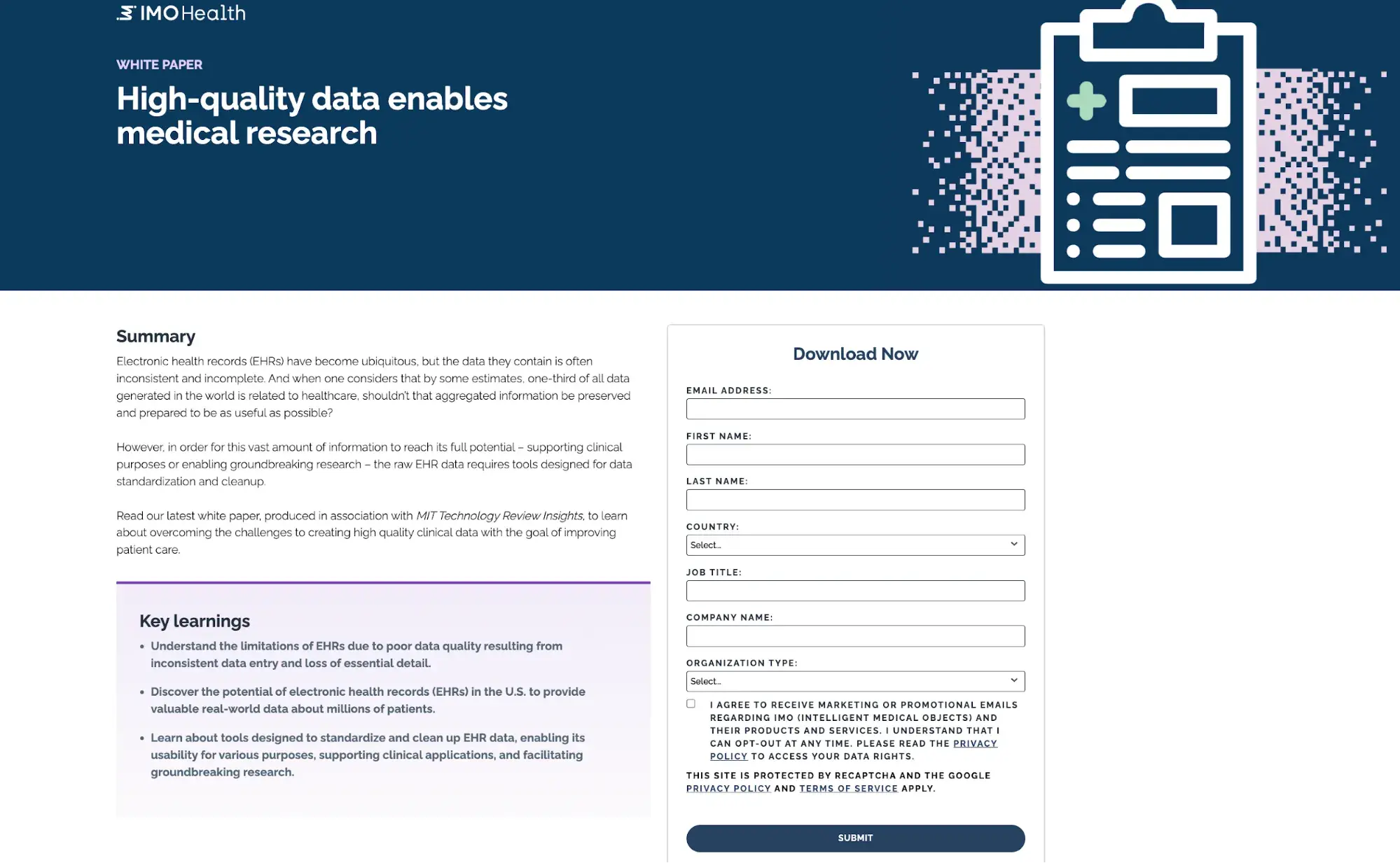 screenshot of a gated content landing page for an imo health white paper entitled high-quality data enables medical research.https://go.imohealth.com/ct-na-230525-mit_landingpage.html