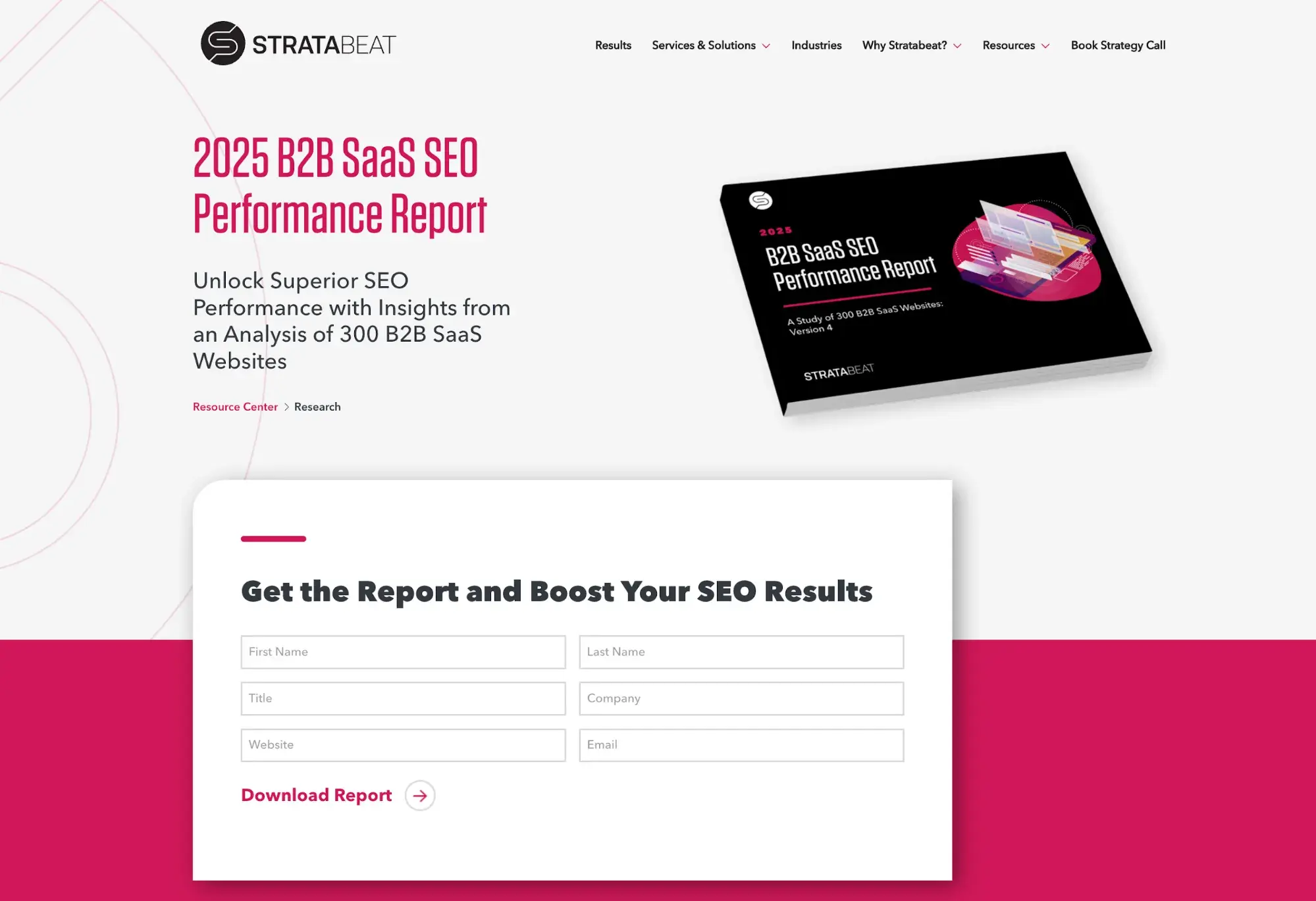 screenshot of stratabeats gated content landing page for its 2025 b2b saas seo performance report.https://stratabeat.com/research/b2b-saas-seo-study/