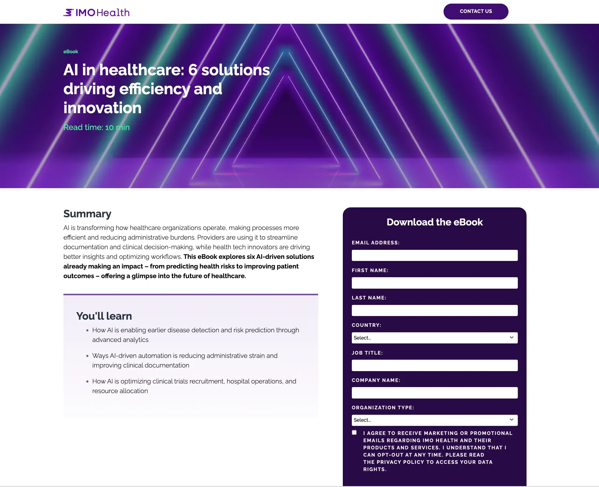 screenshot of a gated content landing page from imo health, offering an ebook entitled ai in healthcare: 6 solutions driving efficiency and innovation.https://go.imohealth.com/ct-na-250313-ai-in-hospitals-and-beyond_landingpage.html