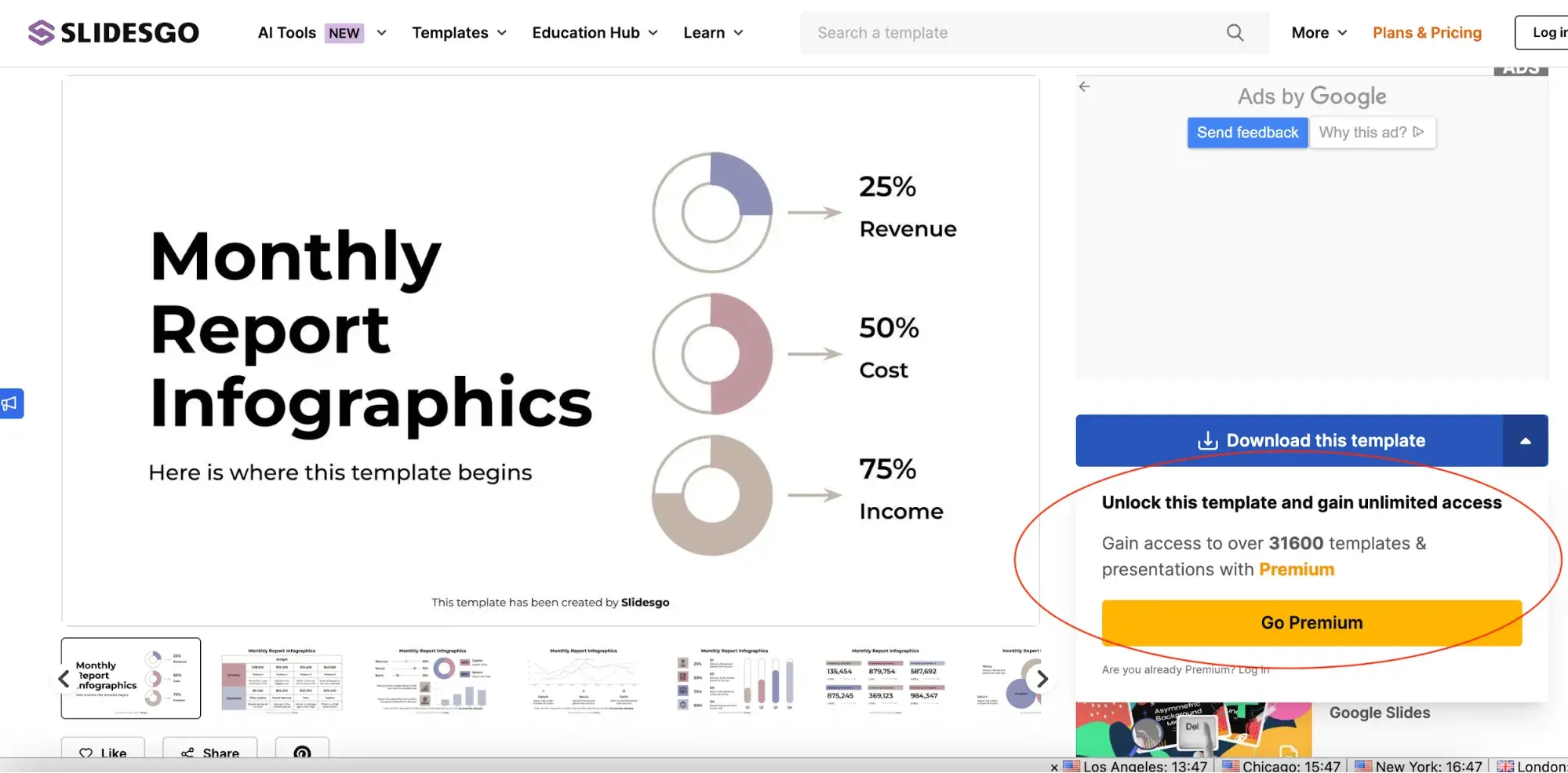 screenshot of slidesgos gated template for monthly report infographics.https://slidesgo.com/theme/monthly-report-infographics-professional