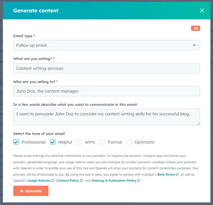 screenshot shows the exact prompts i used for hubspots generative ai.