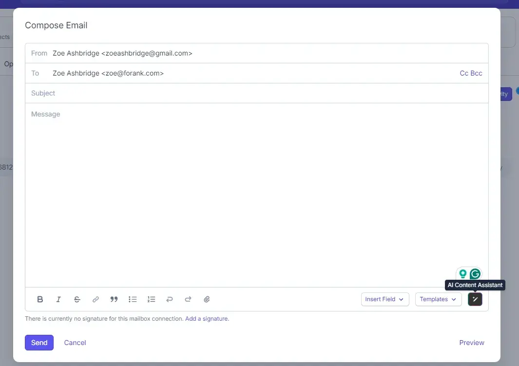 screenshot of capsule crm, a generative ai crm, shows where a user can find casules ai content assistant.
