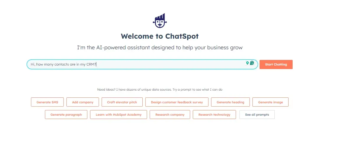 screenshot shows chatspots first page. i have tested the generative ai which is part of hubspots crm by asking it how many contacts are in my crm.