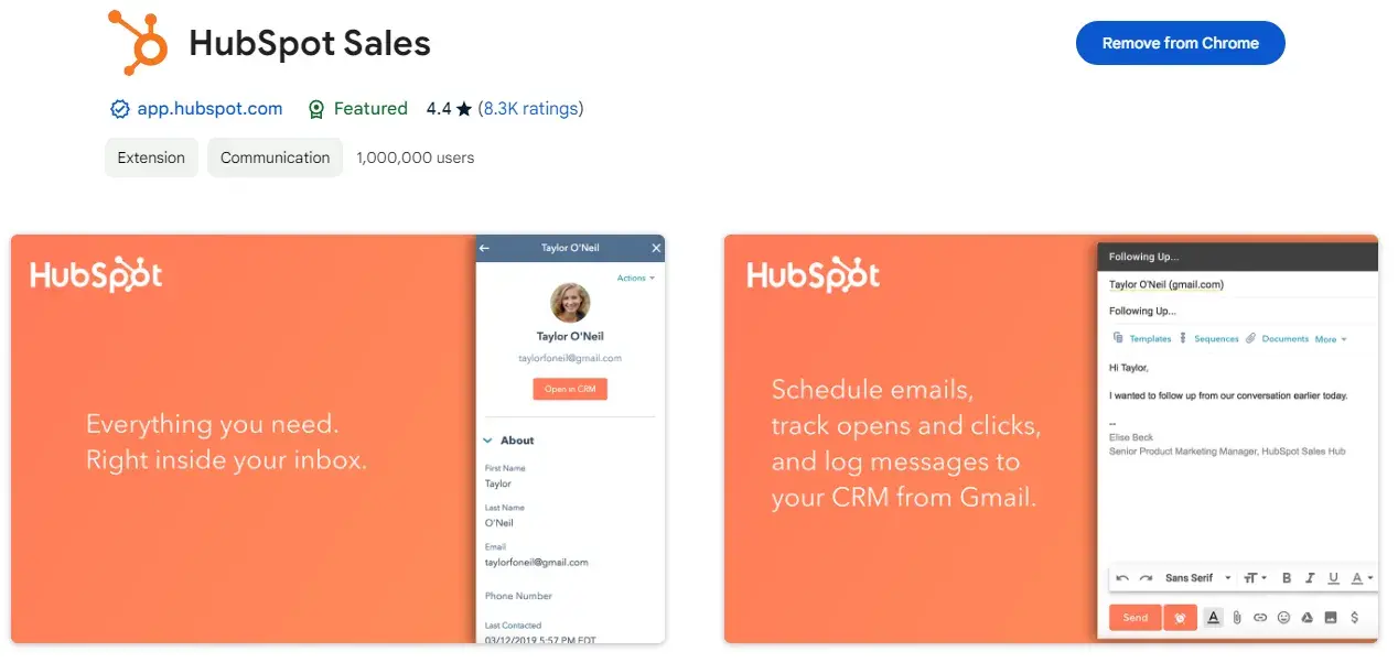 screenshot of hubspots chrome extension. the screenshot shows that i am actively using the extension, and it also shows hubspot sales impressive reviews, which have a score of 4.4 out of 8,300 ratings.
