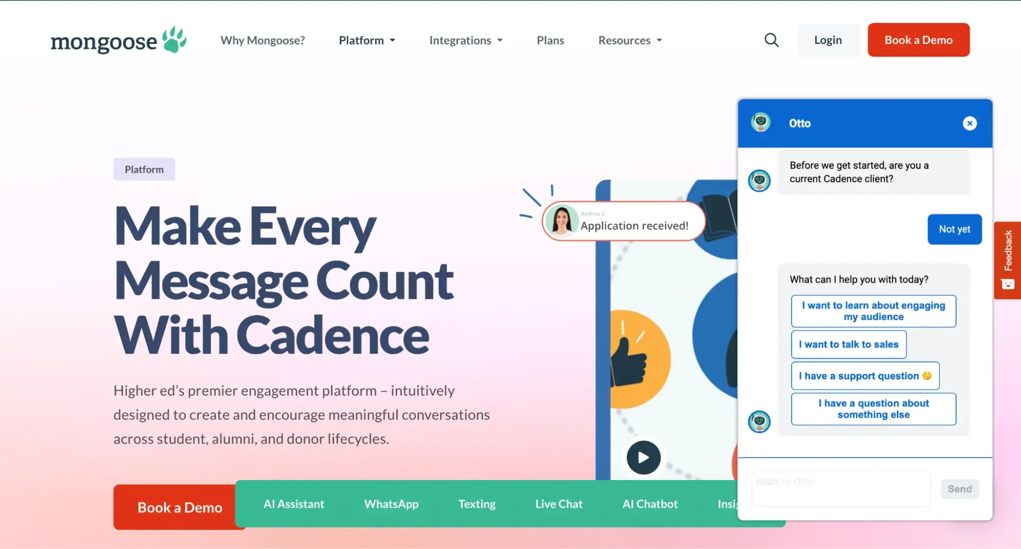 Screenshot of Mongooses homepage with Otto, a chatbot
