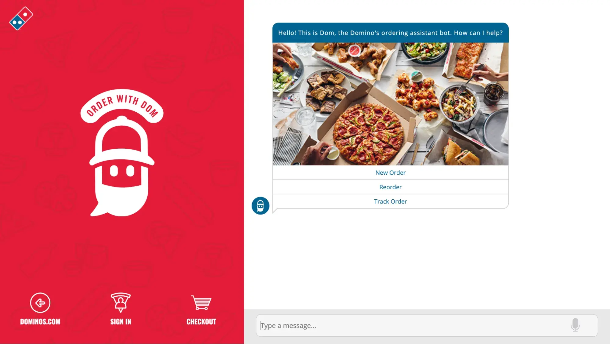 screenshot of Dom, Dominos virtual assistant