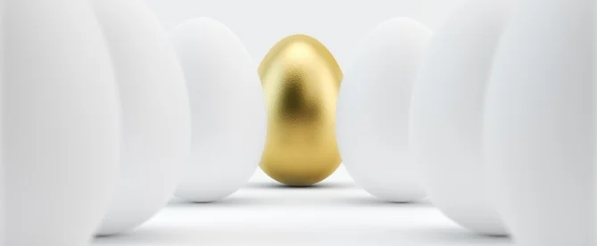 the golden age of advertising: image shows golden egg among white eggs