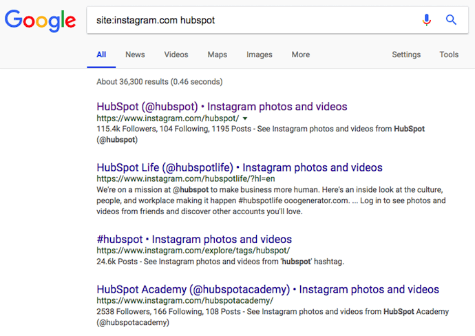 Página de resultados do Google quando pesquisamos a HubSpot, uma outra forma de pesquisar usuários no Instagram sem ter uma conta