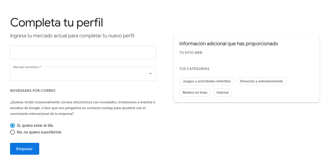 Completar tu perfil en Google Market Finder