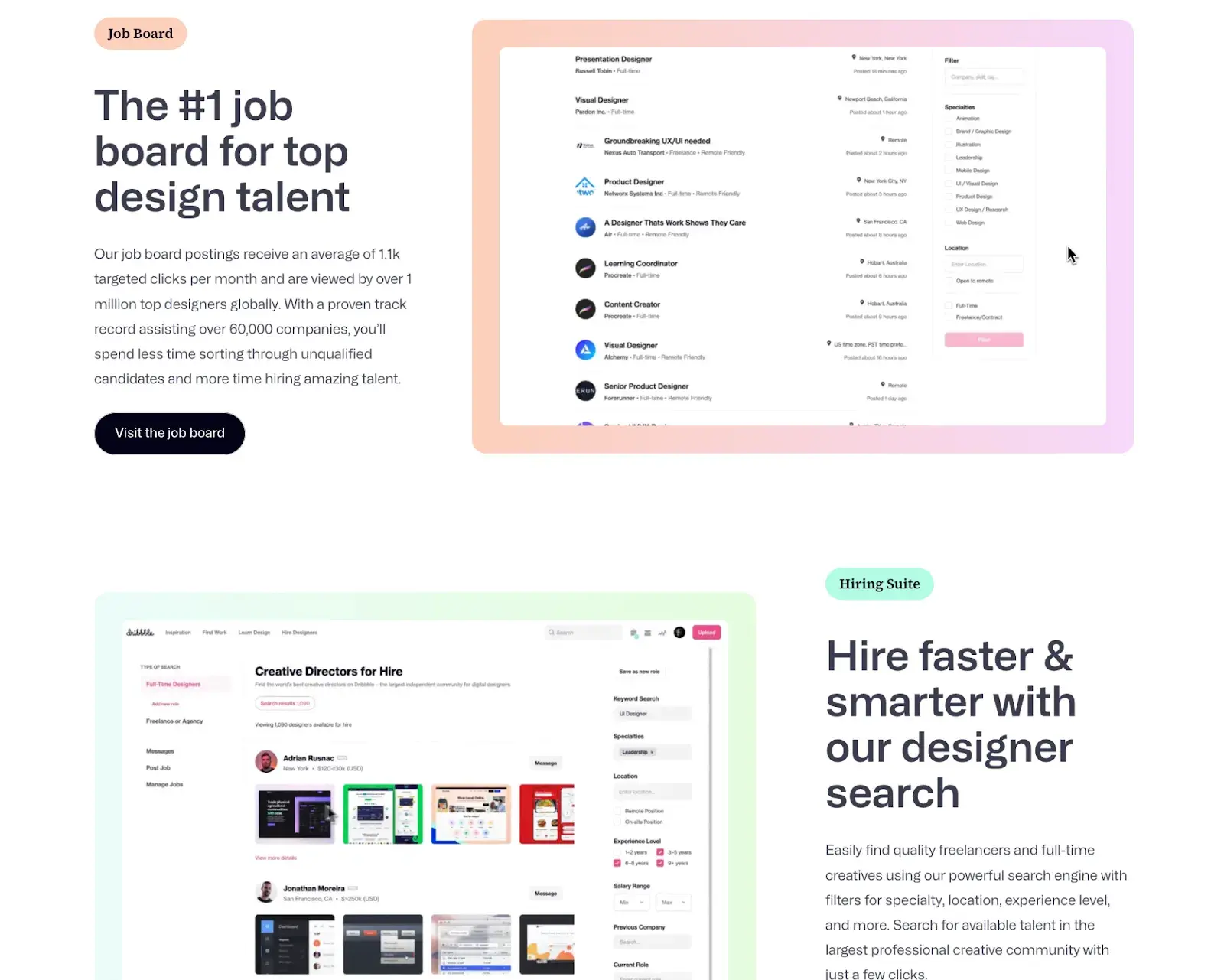 dribbble's hiring page uses a gradient design to draw visitors' attention