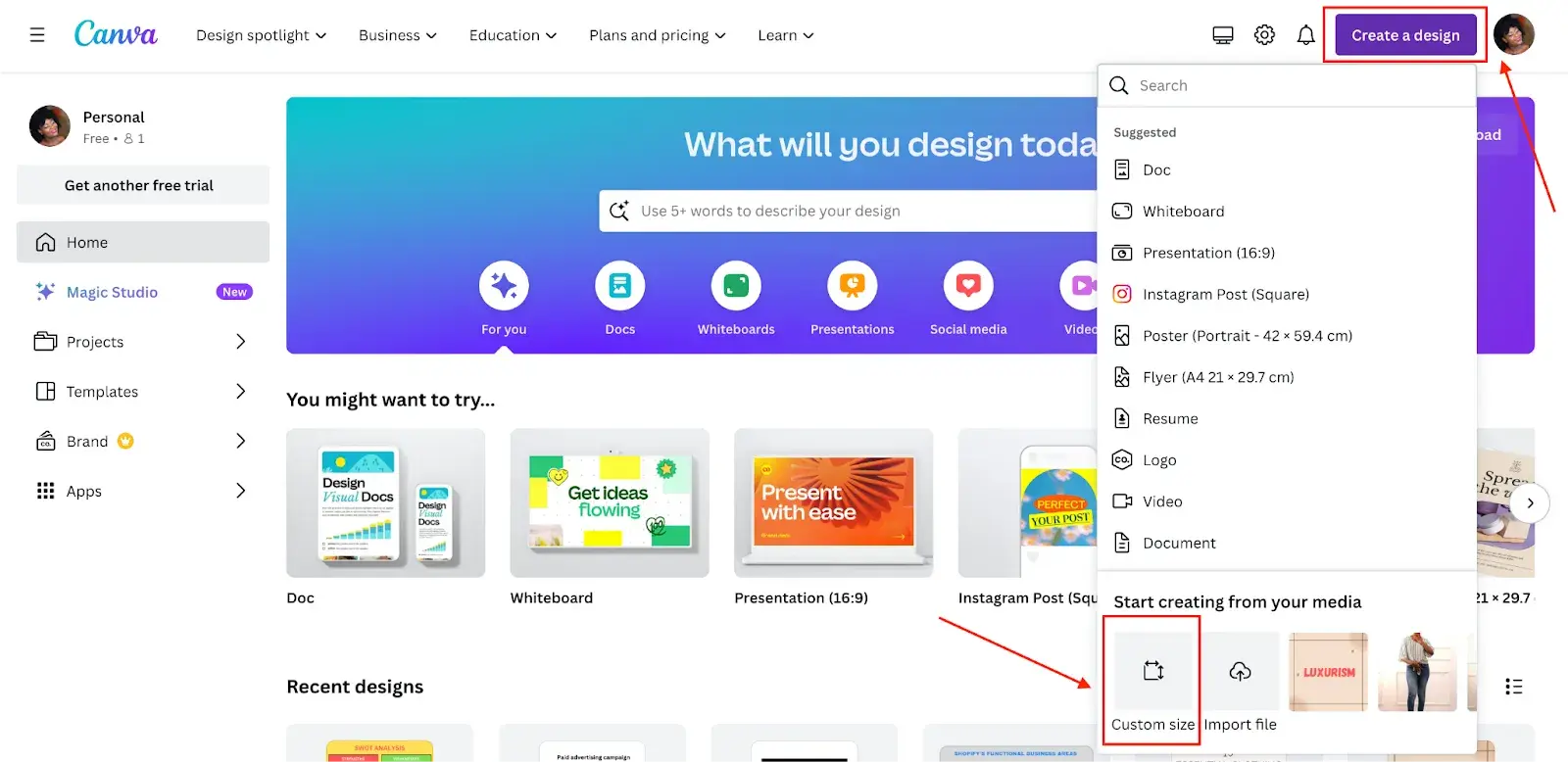 how to make a gradient in canva tutorial: click on custom size