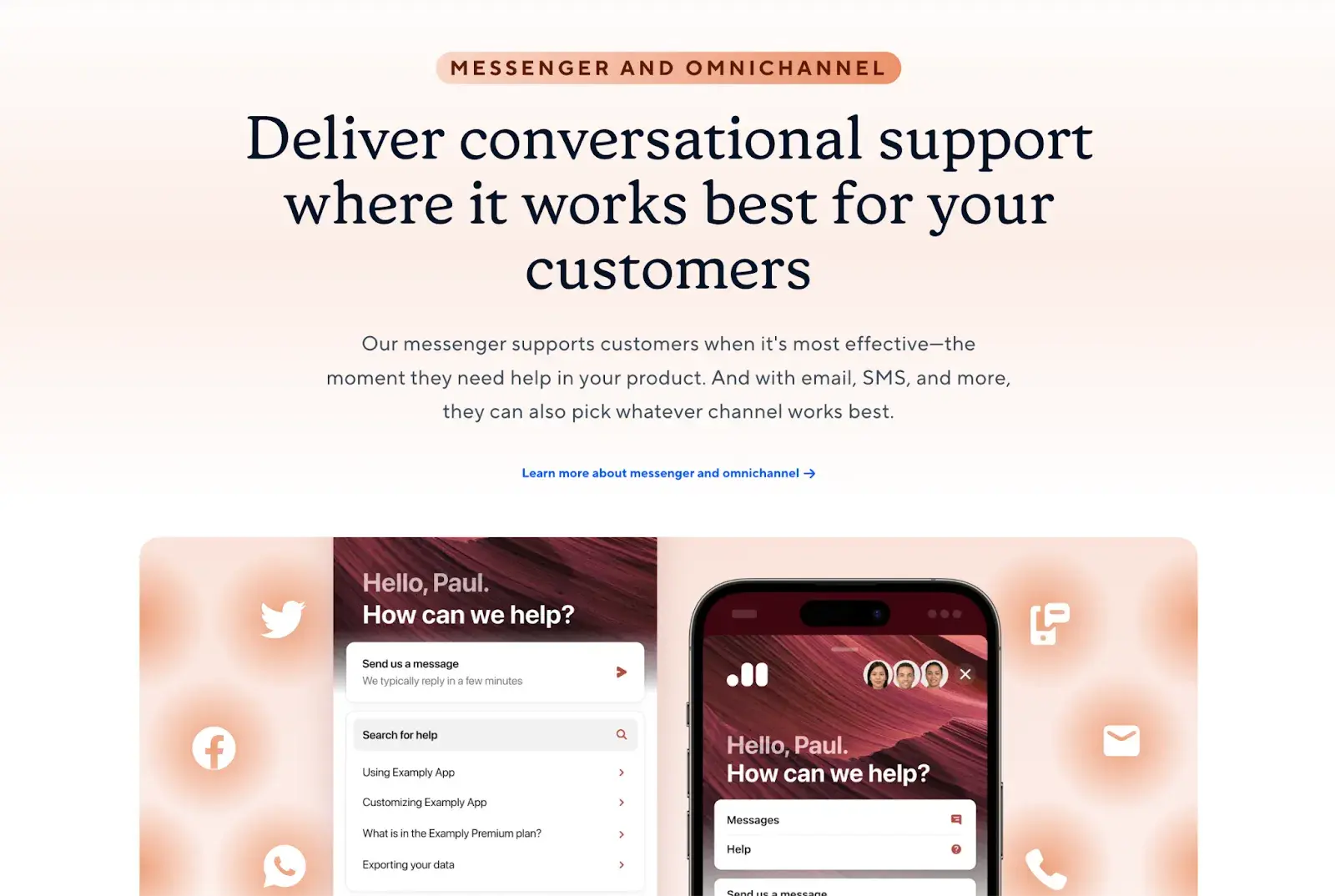 gradient website design on intercoms site, showing both linear and radial gradients in a peach color