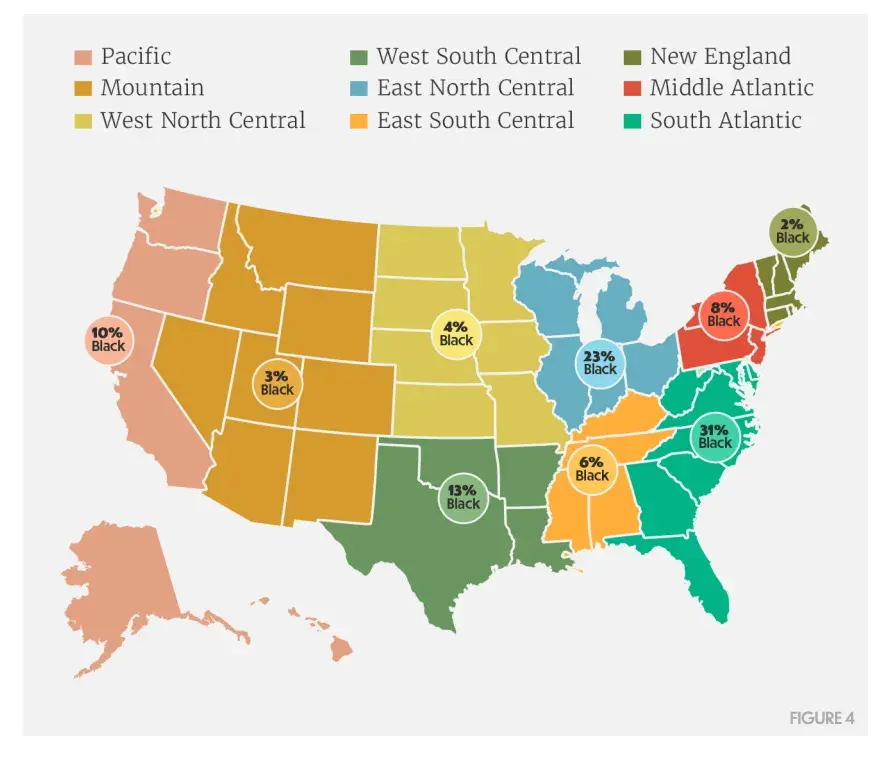 a screenshot of a visual graph representing the percentage of black-owned businesses based on geographic location from the U.S. from the Center for Entrepreneurial Opportunitys 2024 State of Black Business Report