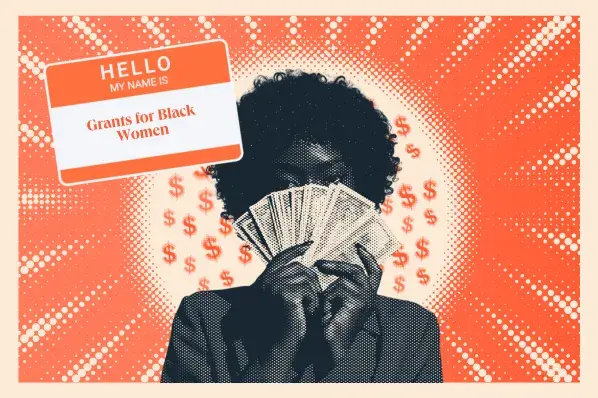  a black woman spreading cash in front of her face with a nametag that says hello my name is grants for black women