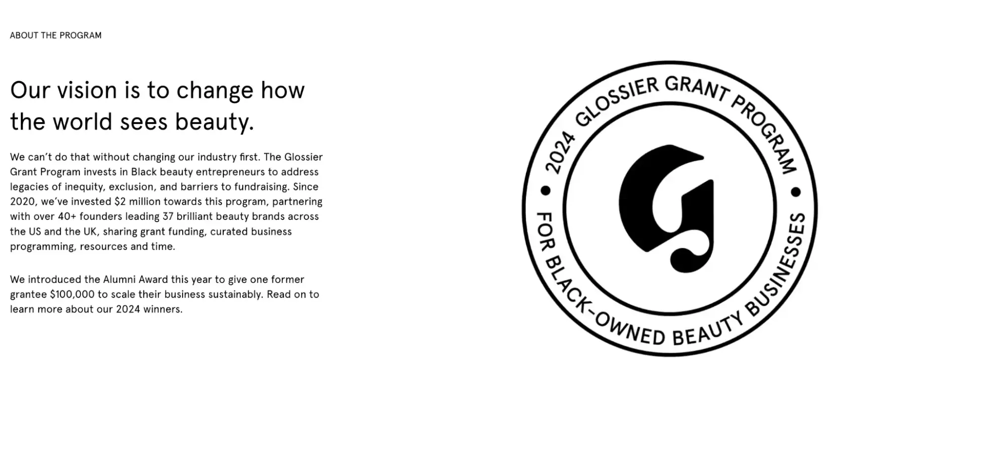 a screenshot of the glossier grant program about page