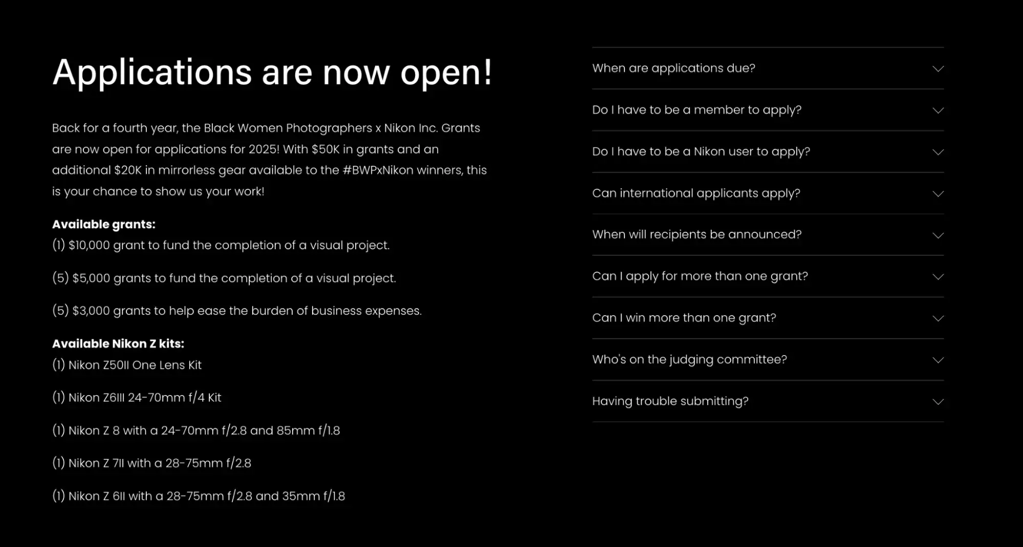 a screenshot of the black women photographers x nikon inc. grants about page