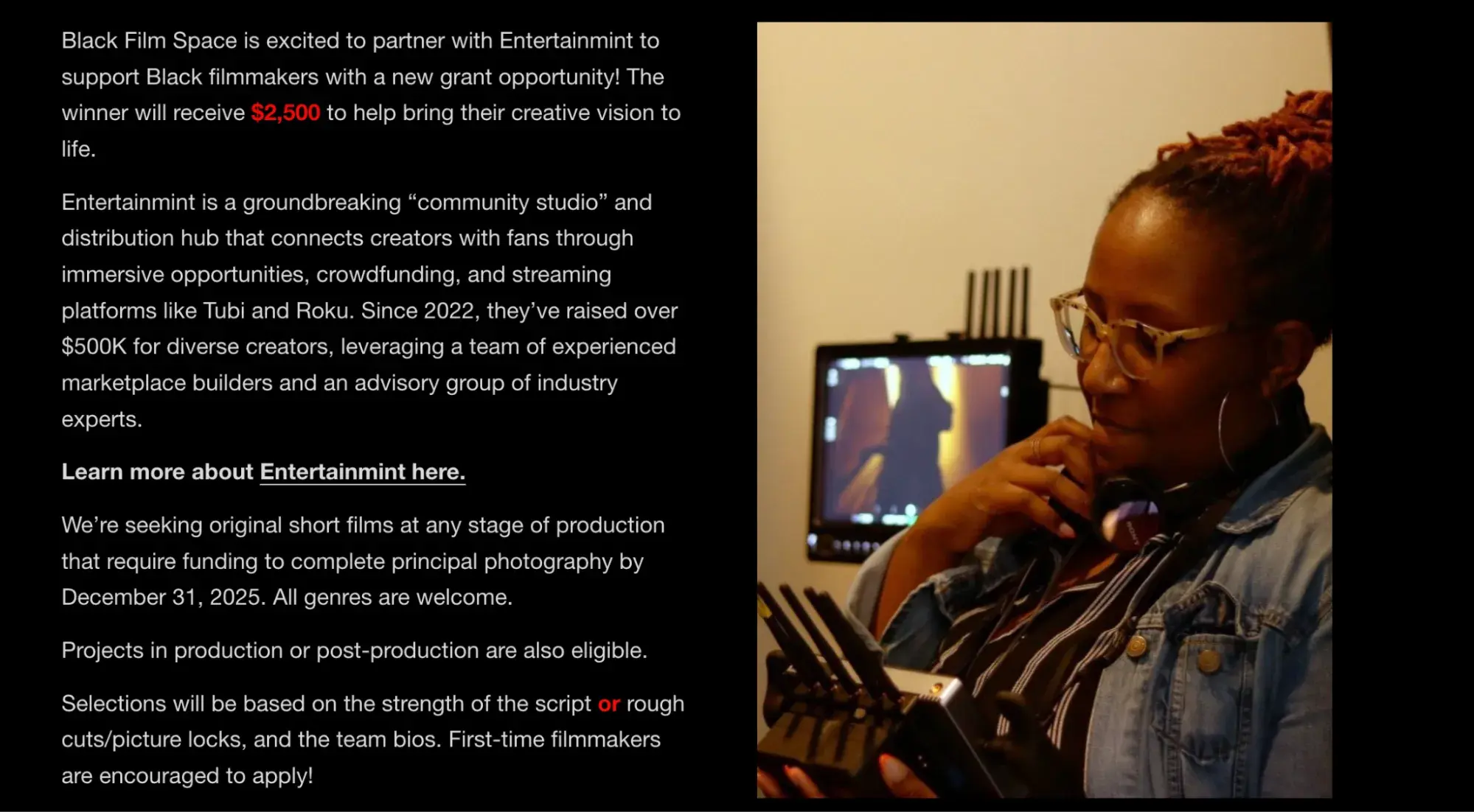 a screenshot of the black film space x entertainmint short film grant about page