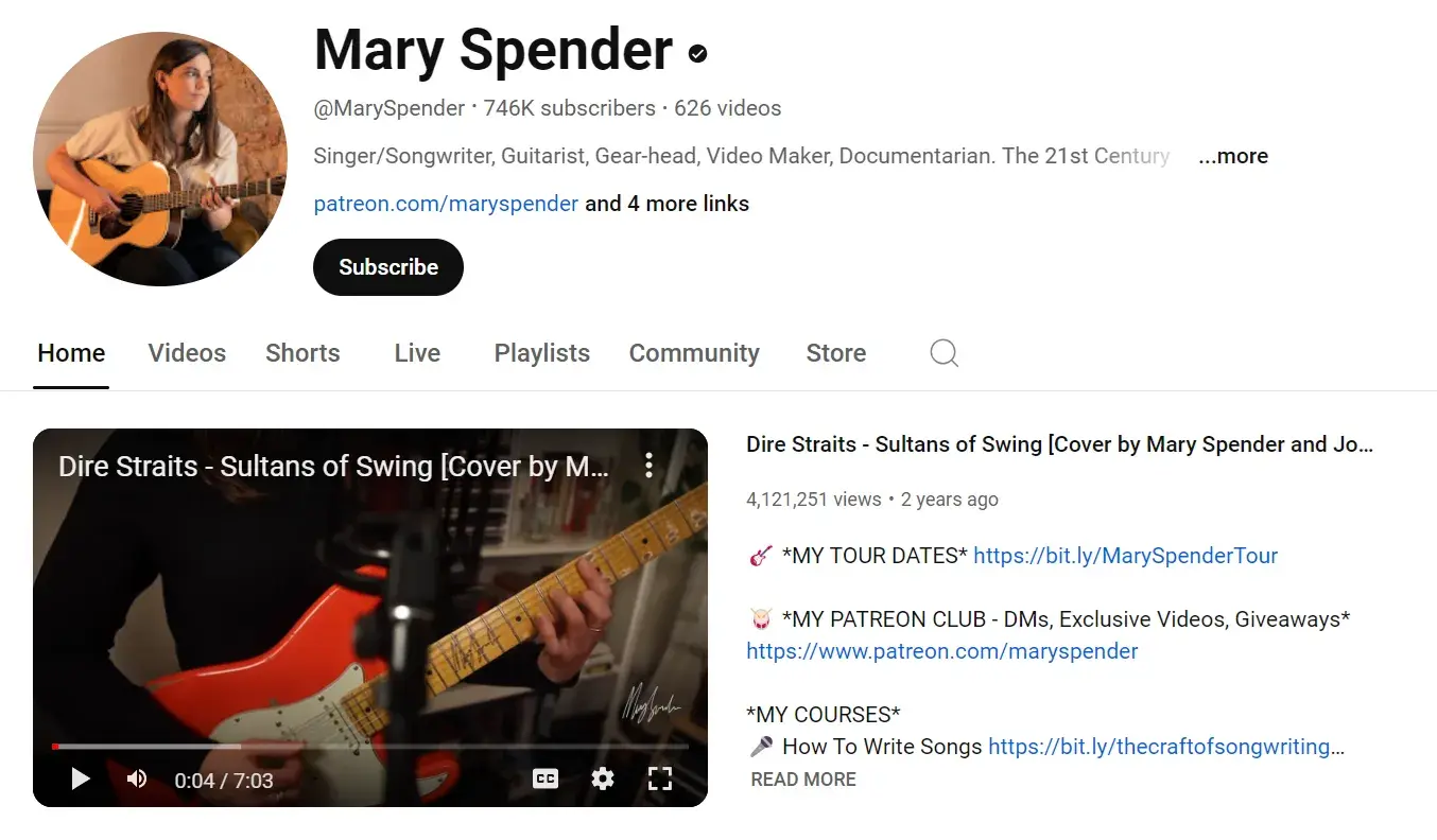 Screenshot of Mary Spenders YouTube homepage