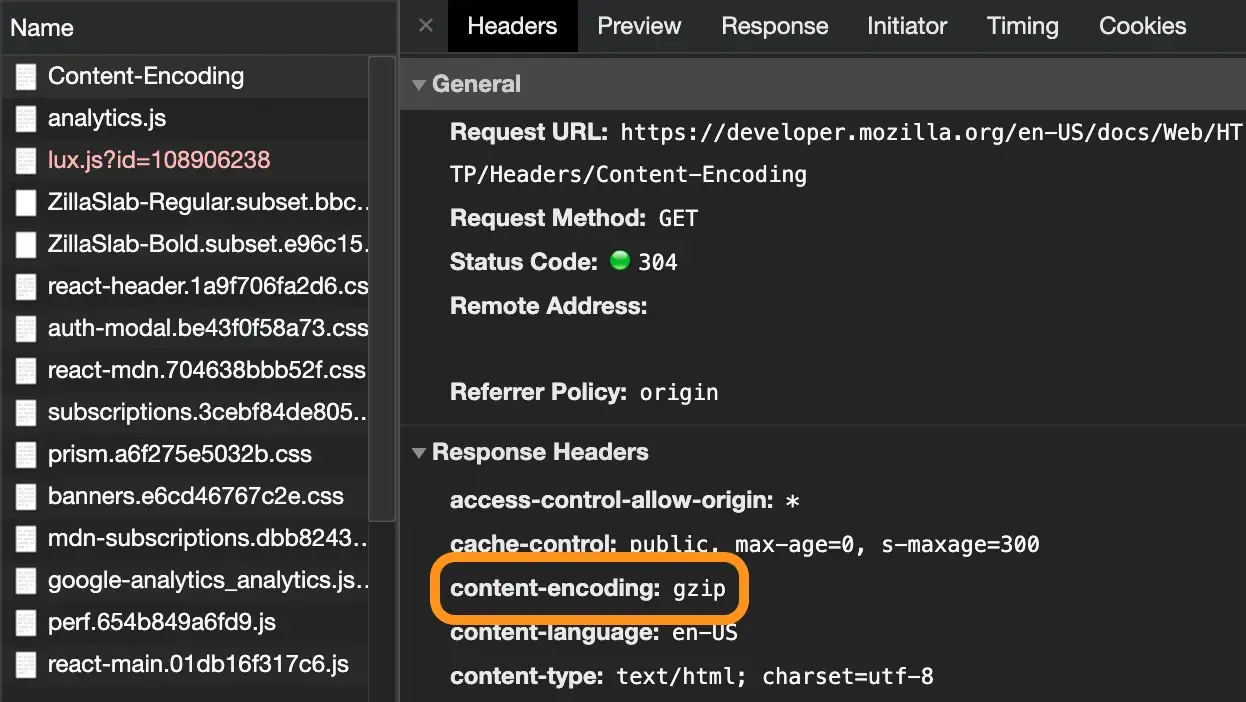 Developer tools screenshot that reads content-encoding: gzip