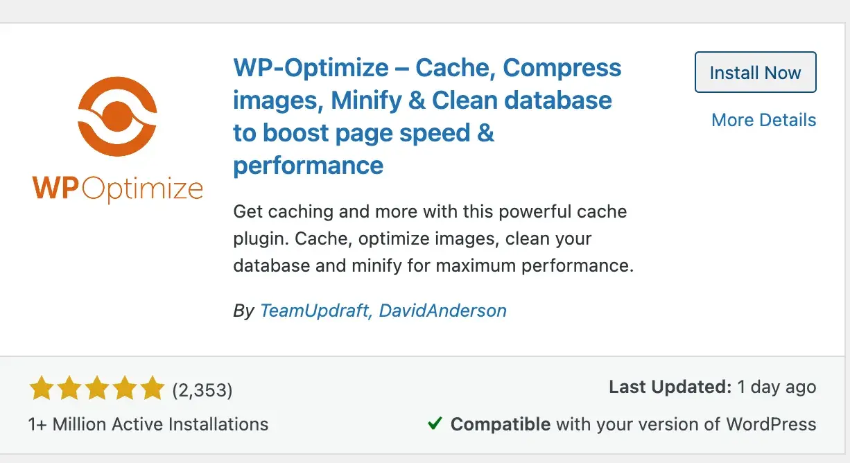 The WP-Optimize plugin, as shown in the WordPress dashboard with Install Now button