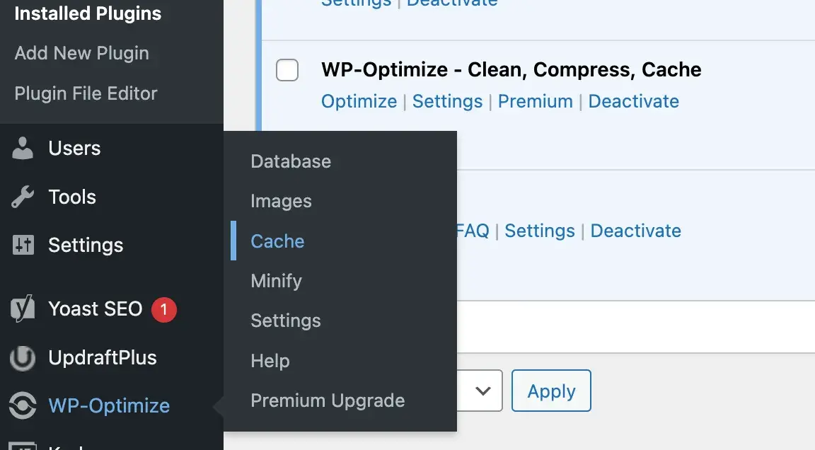 WordPress dashboard showing WP-Optimize tab with menu that says Cache