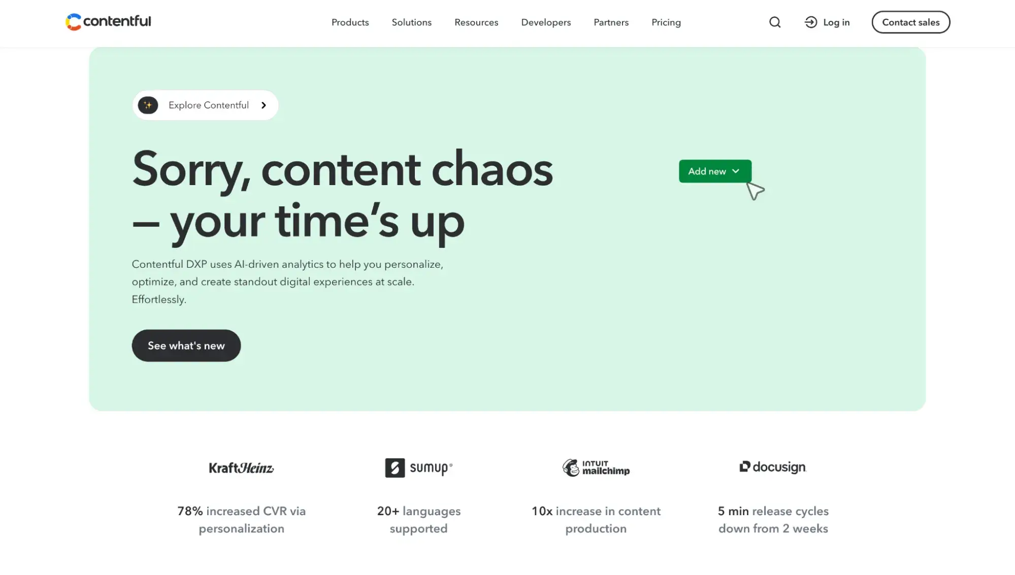 contentful homepage showcasing its headless cms digital experience platform with ai-driven analytics and enterprise customer logos including kraft heinz and docusign