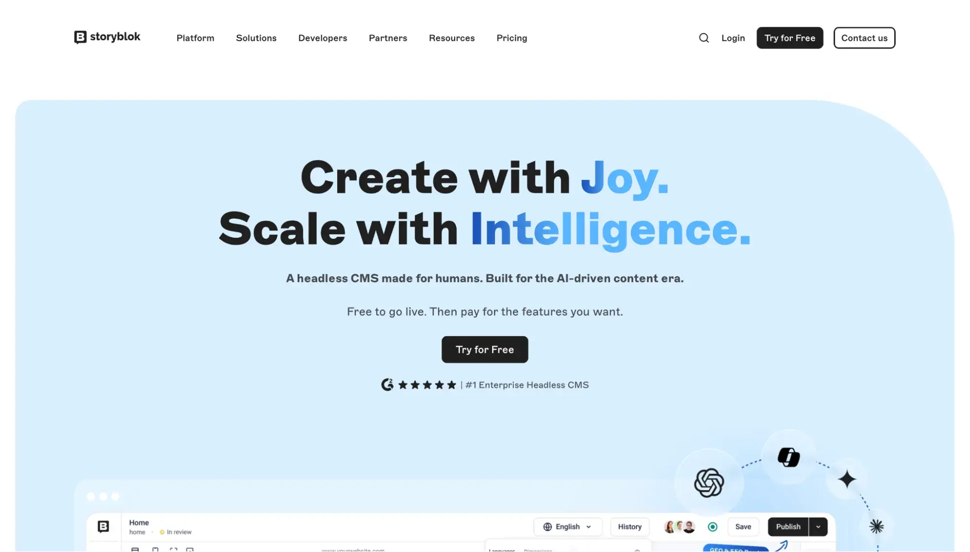 storyblok homepage featuring its headless cms built for ai-driven content with a g2 rating badge for number one enterprise headless cms