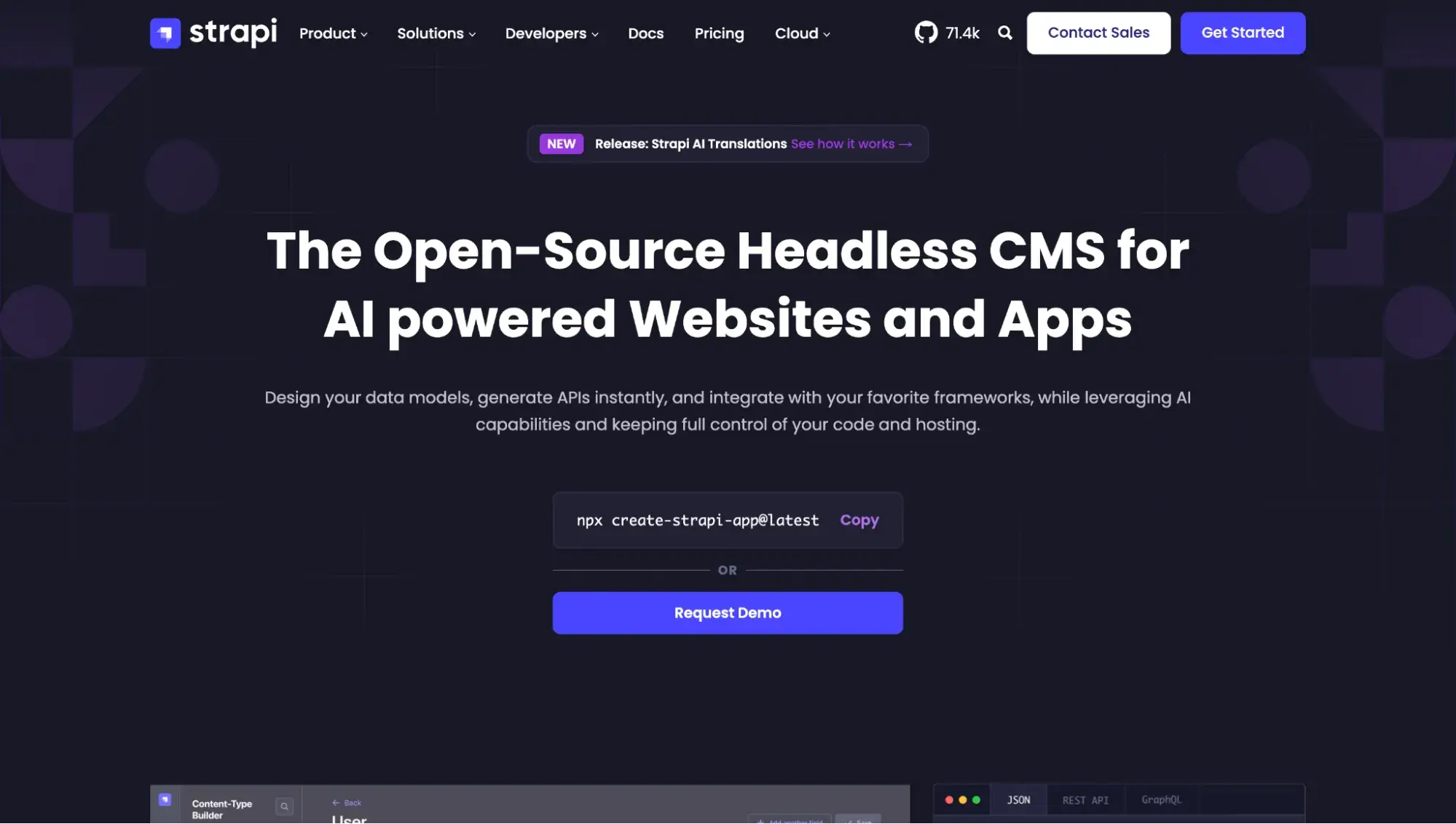 strapi homepage promoting its open-source headless cms for ai-powered websites and apps with a request demo button