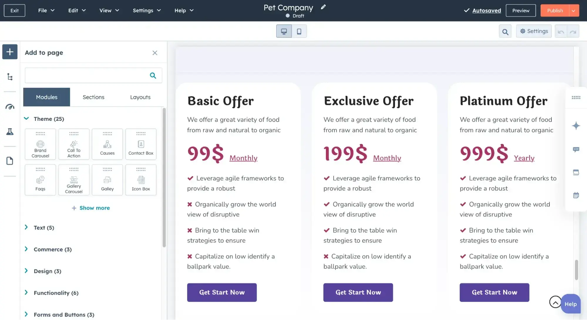 hubspot content hub drag-and-drop page editor showing modules panel and a pricing page layout