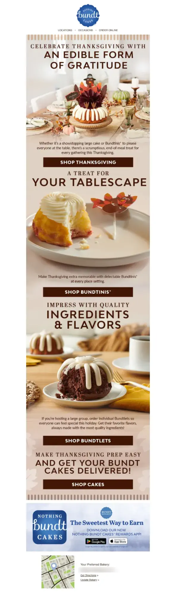 Screenshot of a Thanksgiving-themed marketing email from Nothing Bundt Cakes