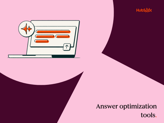a HubSpot-branded featured image with a burgundy background and pink shapes in the foreground, with the words &lsquo;answer optimization&rsquo; in the bottom righthand corner and an orange and white computer in the upper lefthand corner