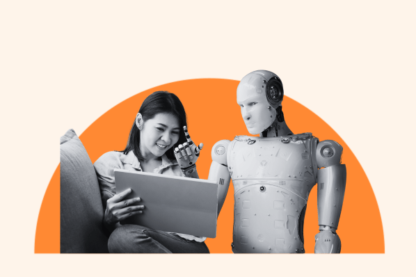 Woman and robot checking search results on tablet computer