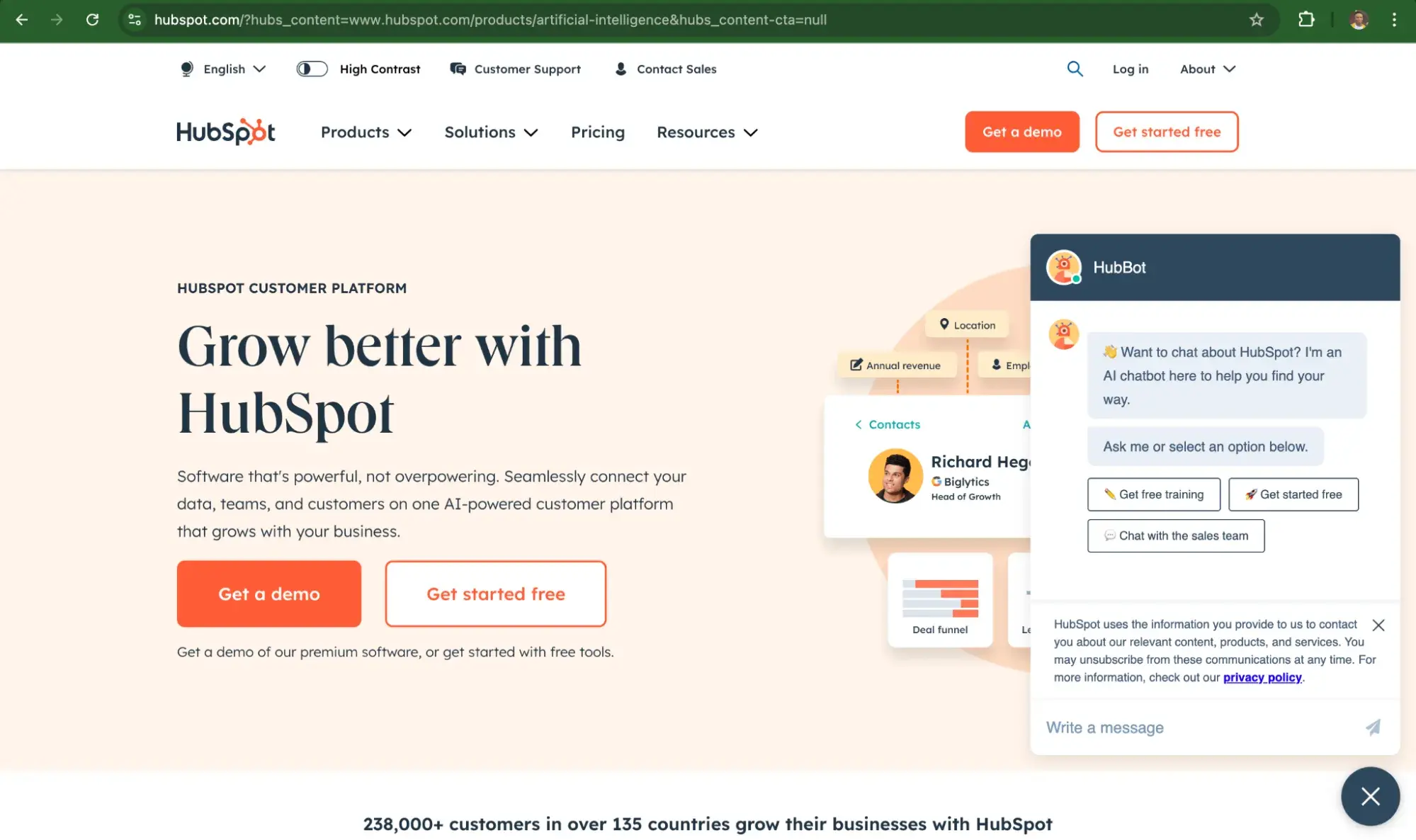 how to add ai to your website, hubspots chatbot (hubbot)
