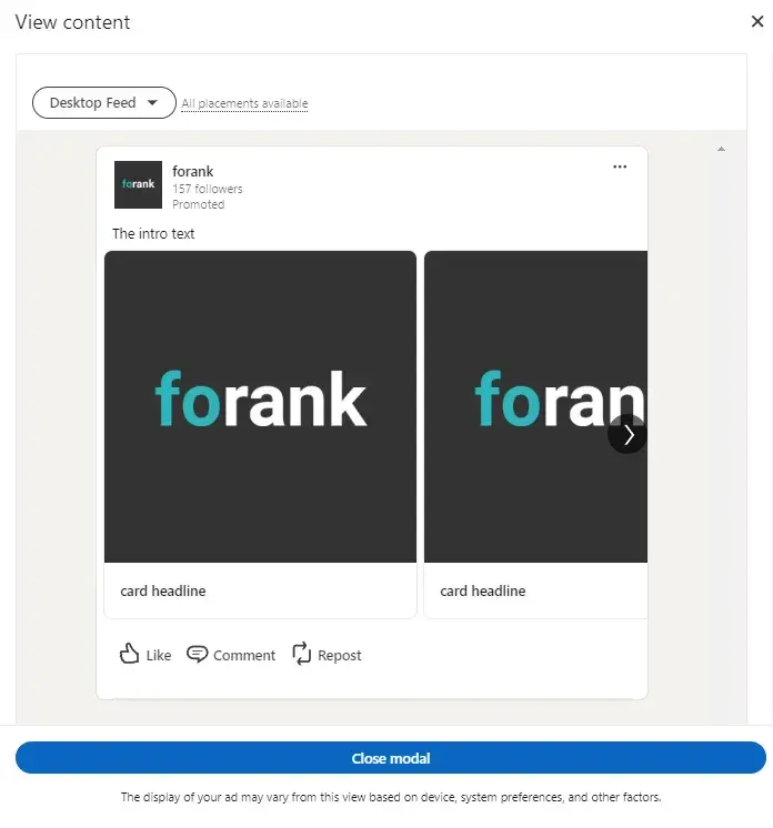 linkedin paid ads: screenshot shows how LinkedIns paid carousel ads look once theyre set up.