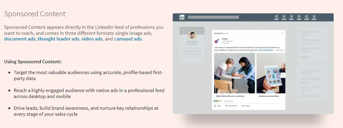 how does linkedin advertising work: screenshot taken from LinkedIns guide shows what the sponsored content looks like and provides more data about how to use this paid ad type.