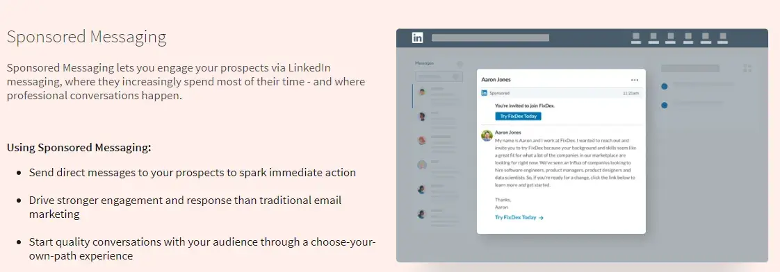 screenshot taken from LinkedIns guide shows what the messaging ads look like and provides more data about how to use this paid ad type.