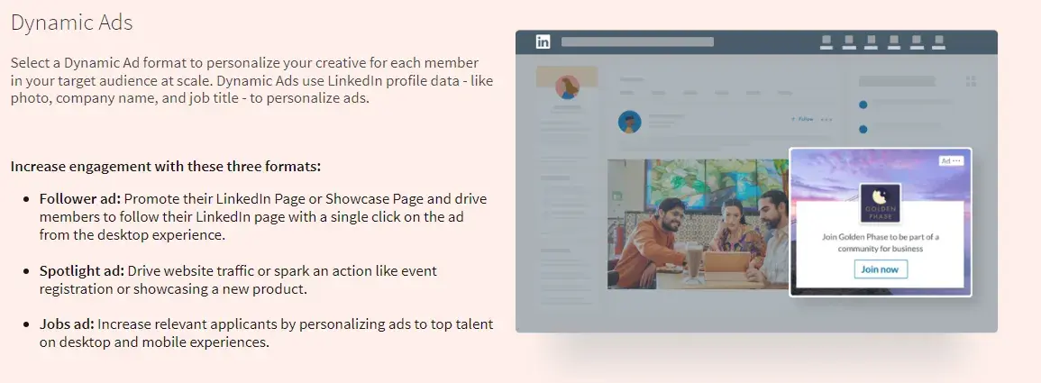 linkedin paid ads: screenshot taken from LinkedIns guide shows what the dynamic ads look like and provides more data about how to use this paid ad type.