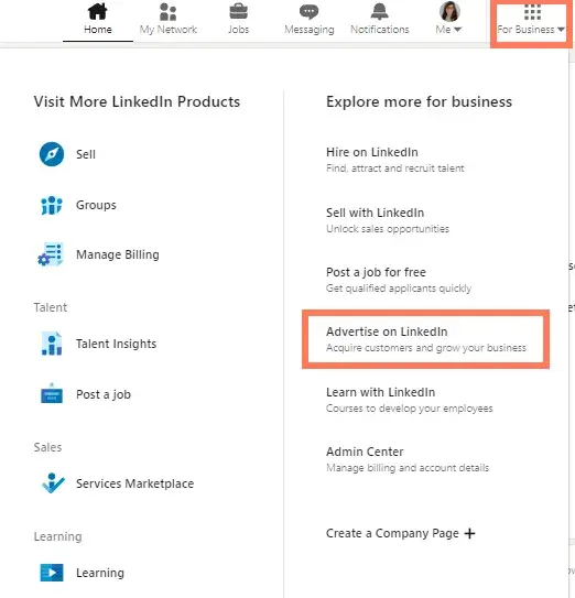 screenshot from my LinkedIn profile showing where you navigate for the Advertise on LinkedIn menu item.