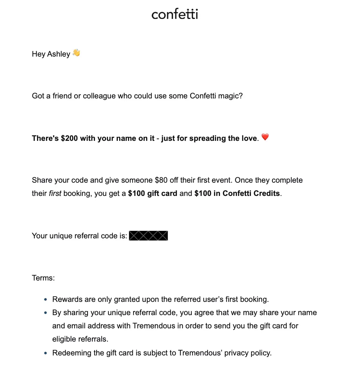 how to ask for referrals: referral email example from confetti
