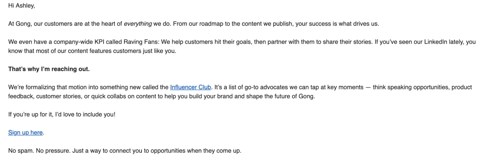 how to ask for referrals: referral email example from gong