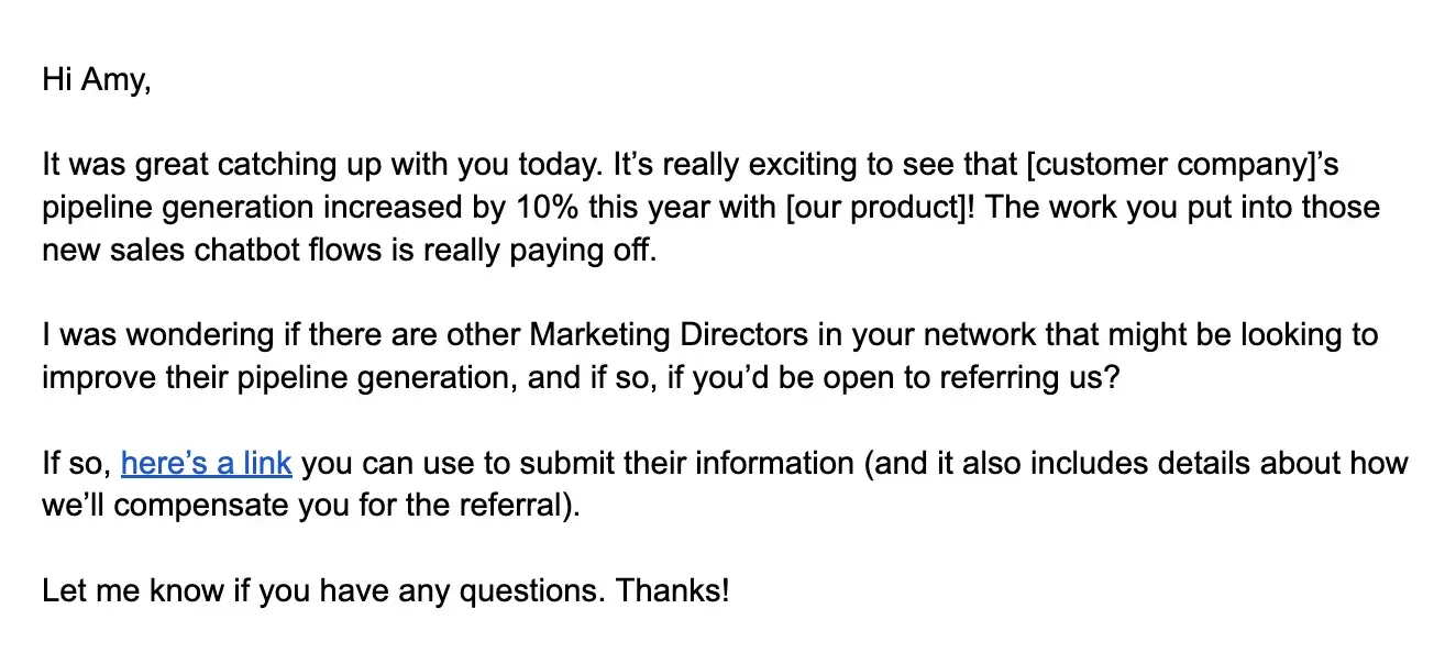 how to ask for referrals: referral email example for account team