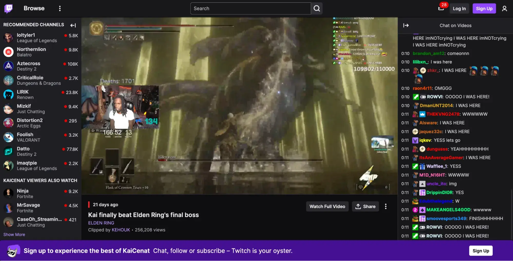 screenshot of a gameplay video on twitch streamer kaicenats profile.